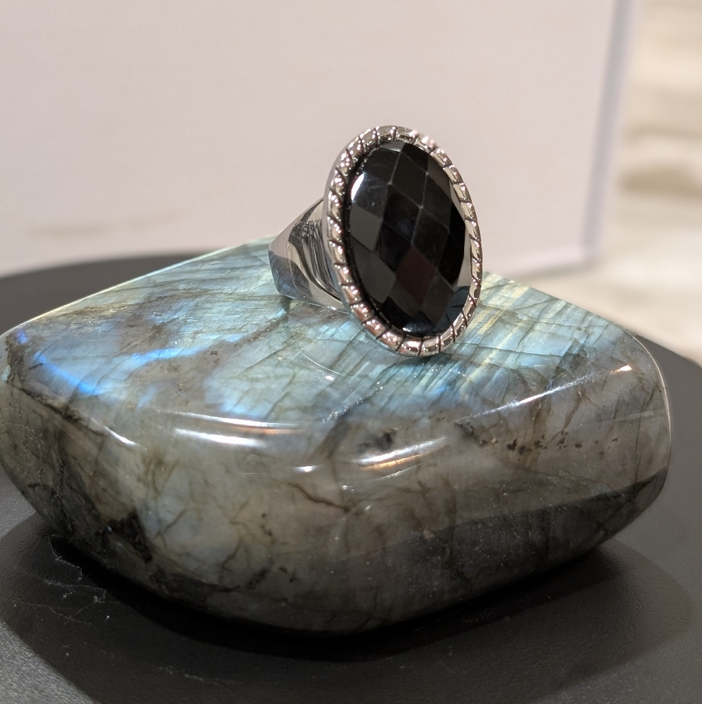 Stainless Steel Ring With Faceted Black Stone
